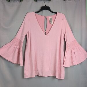 Free People Pink Flared Bell Sleeves Chambray Mini Dress Romper‎ Medium V-Neck